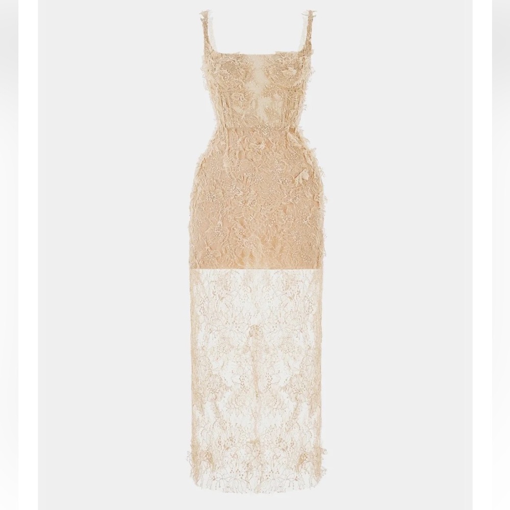Montsand Ivory Beaded Lace Pencil Midi Dress in Nude - Picture 6 of 13